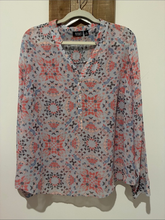a.n.a Tops - a.n.a Coral and Blue Patterned Henley Blouse